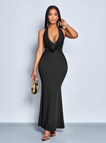 SOLERSUN Women's Solid Color Elegant Halter Draped V Neck Lace Sleeveless Bodycon Dress Suitable For Party & Dating, Dating Maxi Women Outfit - Black - View 1