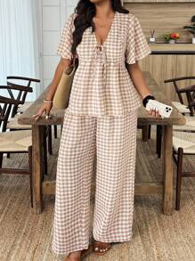 EMERY ROSE Plus Size Casual Plaid Print Shirt And Pants 2 Pieces Set