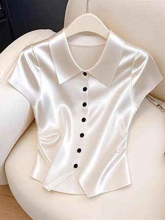 GlowEve Women's Elegant Solid Color Ruched Waist Satin Shirt, Summer