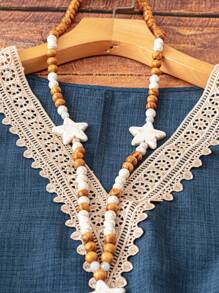 SHEIN LUNE CURVE 大码女式花卉印花V领盖袖牛仔效果连衣裙 - 藍色 - 查看 5