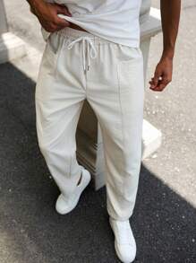 Manfinity Homme Men's Solid Color Drawstring Waist Pocket Tapered Casual Pants - Apricot - View 1