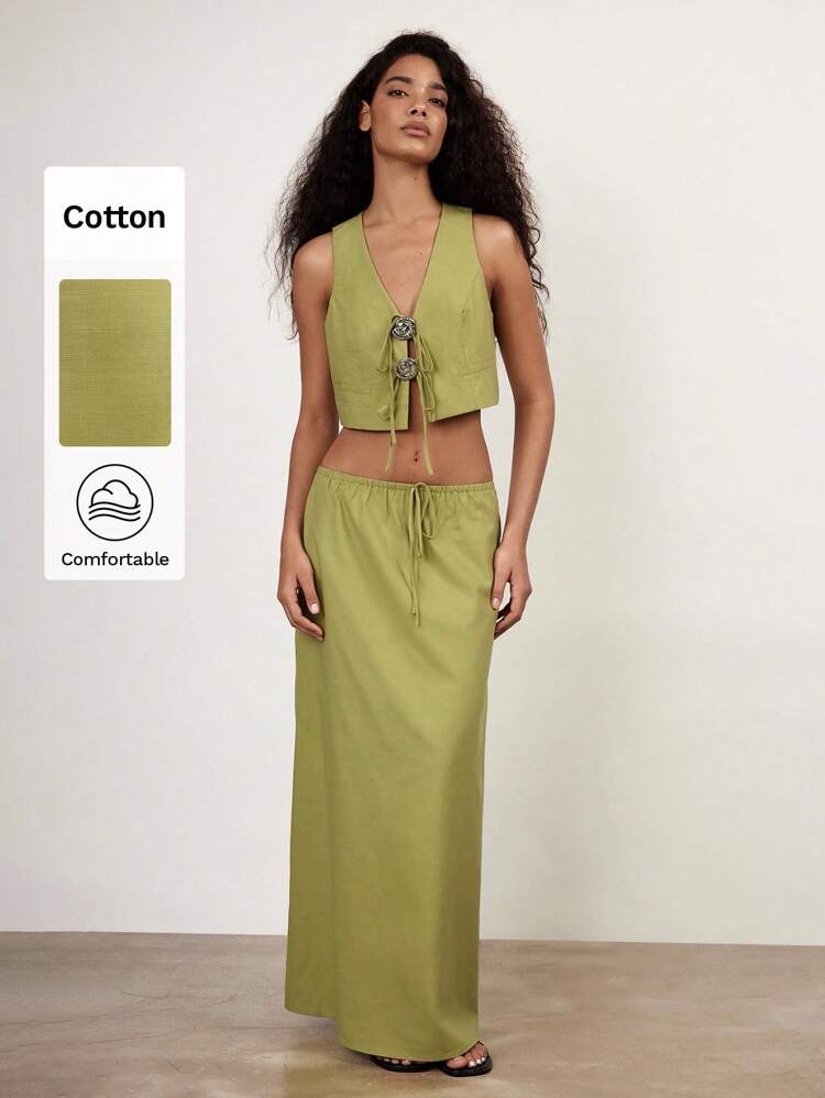SHEIN Maija 2025 Summer New Front Button Metal Decor Shell Sea Snail Bowknot Tie Up Sleeveless Bohemian Graduation Music Festival Beach Holiday Casual Romantic Urban Vacation Outfit Suitable For Outings, Parties, Weddings, Guest Wear - 2Pcs Women Set
