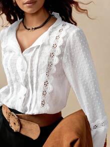 Chiquease Blusa holgada versátil de estilo bohemio con cuello Peter Pan, manga larga, parches de encaje floral - Blanco - Ver 6