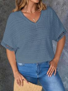 EMERY ROSE Plus Size Women Summer Casual Solid Color Textured Batwing Top,Country Casual Vacation,Simple And Fashionable For Everyday Wear,Summer Tops Women,Vacation Summer Office Wear, Vacation, Summer Festival Boho,Holiday