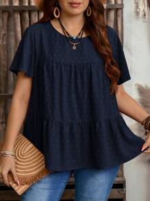 EMERY ROSE 加大码女式纯色圆领荷叶边短袖宽松衬衫，波西米亚风夏季，西部女装，度假，初秋波西米亚风女式上衣 - 藏蓝色 - 查看 4