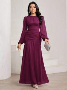 Veilorie Elegant Solid Color Lantern Sleeve Ruched Bodycon Dress - Hot Pink - View 3