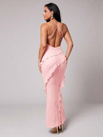 Silquee Robe à volants asymétriques sans manches rouge unie pour les vacances de printemps et d'été, rouge bourgogne romantique pour la Saint-Valentin et les rendez-vous, robe de soirée, robe de demoiselle d'honneur, robe d'invité de mariage, robe de trajet quotidien, robe rouge, robe de fête d'anniversaire