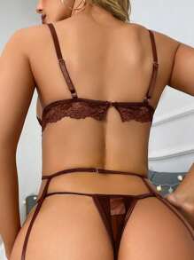 4pcs/Set Sexy Lingerie Set Including Wireless Bra, G-String, Garter, And Leg Rings For Going Out - Brown - View 2