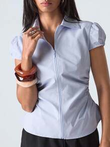 LYSMO Camisa casual de mujer con mangas dolman, cremallera en la solapa y fruncido