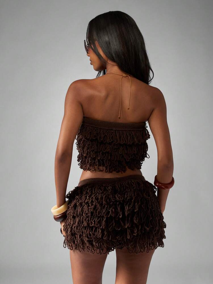 MISSGUIDED Loop Fringe Design Festival Shorts Knit Beach Wear Summer Mini Shorts Party Club Shorts Tassels Hot Pants Vacation Beachwear Resort Wear Textured Shorts Christmas