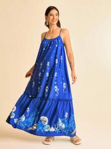 CAJUNI Women's Bohemian Resort Tropical Ocean Printed Cami Dress, Blue - Multicolor - View 3