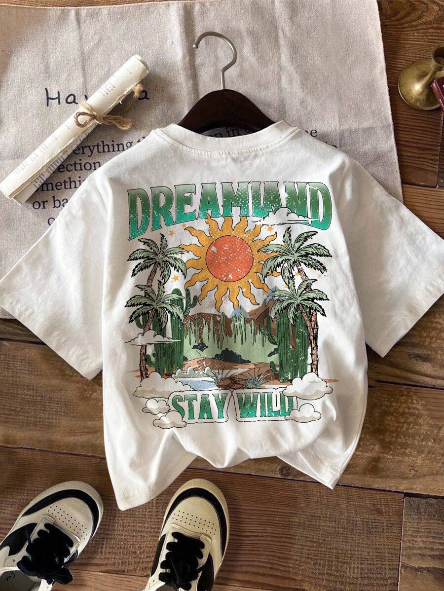 SHEIN Young Boy Casual Minimalist Summer Scenery Graphic Round Neck Short Sleeve T-Shirt, Suitable For Summer, Back Of Clothes - White - View 1