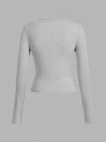 SHEIN EZwear 女款三件套黑灰色花卉印花紧身宽松领长袖T恤套装 - 彩色 - 查看 7