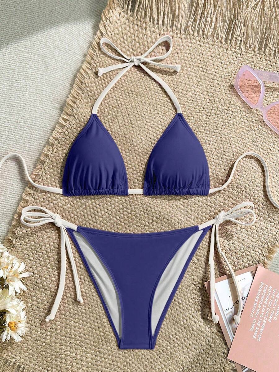 SHEIN Swim Vacation Beach Color Block Trim Bikini Swimwear For Summer - Navy Blue - View 1