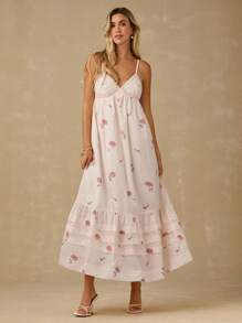 Enchnt Vestido Longo Floral Romântico Feminino para Primavera/Verão em Apricot, com Renda no Busto, Alças Finas, Babados na Barra e Costas Abertas, Doce e Elegante para Férias, Encontros, Feriados, Festas, Formatura, Convidados de Casamento e Praia, Vestido de Formatura, Vestidos de Verão Femininos, Vestidos de Verão, Roupas de Verão, Vestidos Elegantes para Festa - Multicolorido - Visão 3