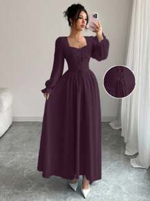 Modelyn Váy thắt eo màu trơn kiểu Pháp thanh lịch - Màu tím - Xem 5