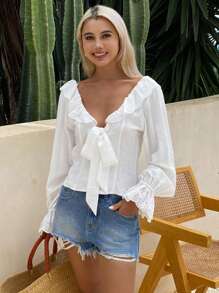 Livesso Women's Summer Backless Lace Patchwork Blouse,Babydoll Top Long Sleeve Top Vacation Boho - Beige - View 5