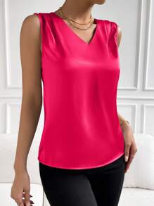 SHEIN Clasi Women V-Neck Pleated Sleeveless Blouse - Hot Pink - View 4