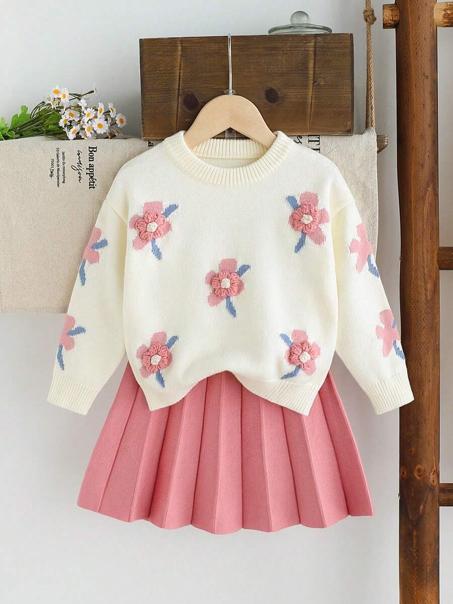 SHEIN Vintaside Kids 2 Pieces Set Young Girl Pink 3D Flower Decor Sweater And Pleated Skirt,Autumn Fairy School Back-To-School Girls Floral Outfit Spring Winter Clothes - White - View 1