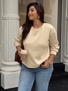 Easura Große Größen elegantes Color-Blocking Spitzen Patchwork Pullover mit offenem Rücken - Aprikosenfarben - Übersicht 2