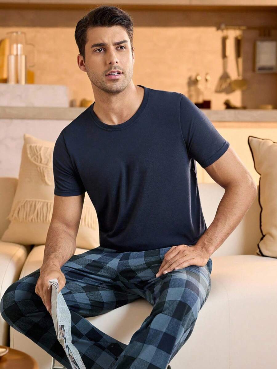 2 件套男士纯色短袖格子裤睡衣套装，家居服