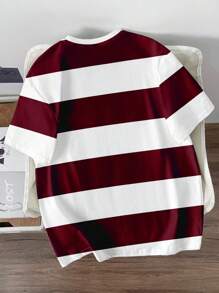 Manfinity Joysei Plus Size Men's Letter Print Round Neck Striped Loose Casual T-Shirt
