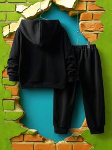 TEENAGE MUTANT NINJA TURTLES | SHEIN Young Boy Cartoon & Numeral Print Black Hoodie Sweatshirt And Sweatpants Sporty Casual Set, Autumn/Spring - Black - View 2