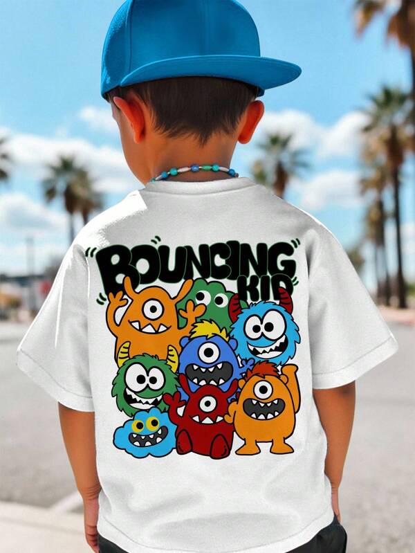 SHEIN Young Boy Casual Cartoon Graphic Print Round Neck Short Sleeve T-Shirt, Cotton Blend, Suitable For Summer