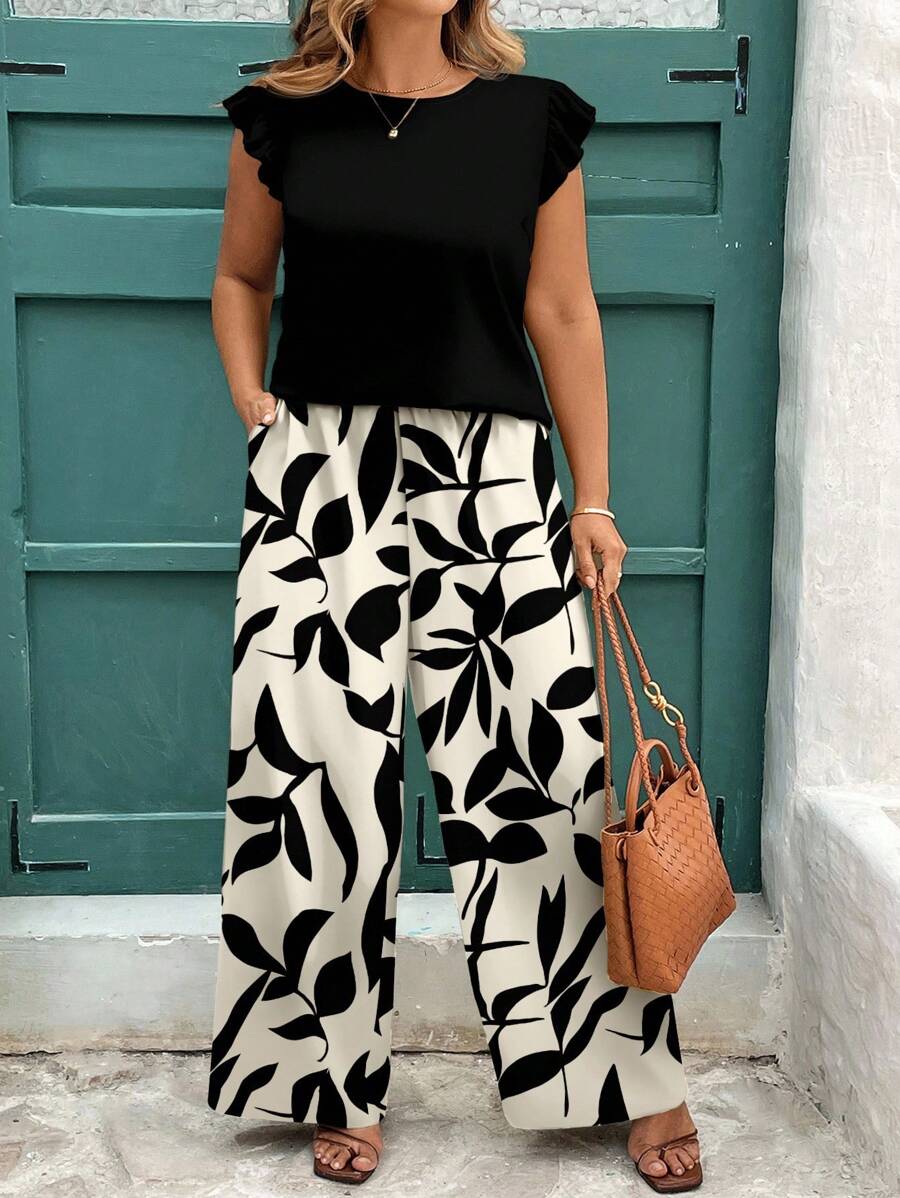 EMERY ROSE Plus Size Casual Solid Color Top And Floral Print Pants 2 Pieces Set Suitable For Going Out,Holiday Outfits For Women Fall Clothes,Flower/Spring/Summer/Vacation - Multicolor - View 1