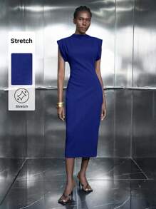 Maija Women's Blue Wide Shoulder Sleeveless Sheath Dress, Versatile Elegant Design Suitable For All Seasons, Comfortable Warm Shoulder Design With Hidden Zipper, Mid-Length Slit Hem, Business Casual Dress For Women,Autumn Outfits For Women, Christmas Women's Clothing