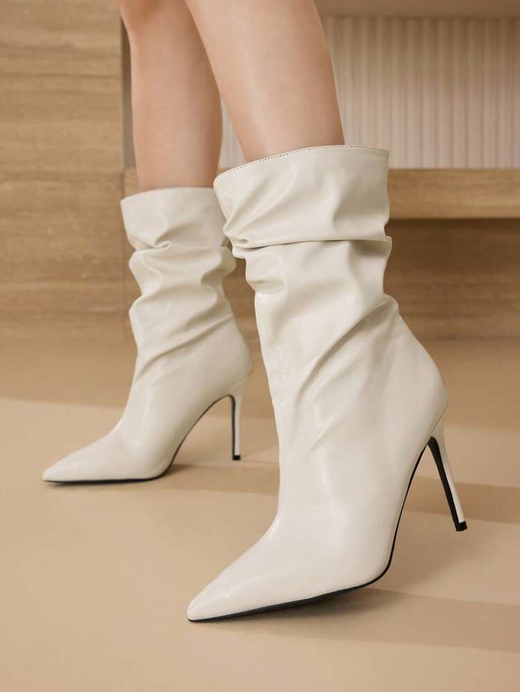 RHINESTONE POINTED TOE HIGH HEEL RUCHED OVER-THE-KNEE BOOTS