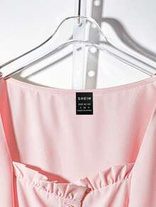 Franclia 女士纯色心形领短泡泡袖单排扣优雅中长连衣裙纽扣连衣裙法式连衣裙粉色腰带连衣裙夏季连衣裙大学校园服装 - 粉色 - 查看 3