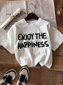 Manfinity Joysei 男士白色针织圆领短袖休闲图案 T 恤，男友礼物