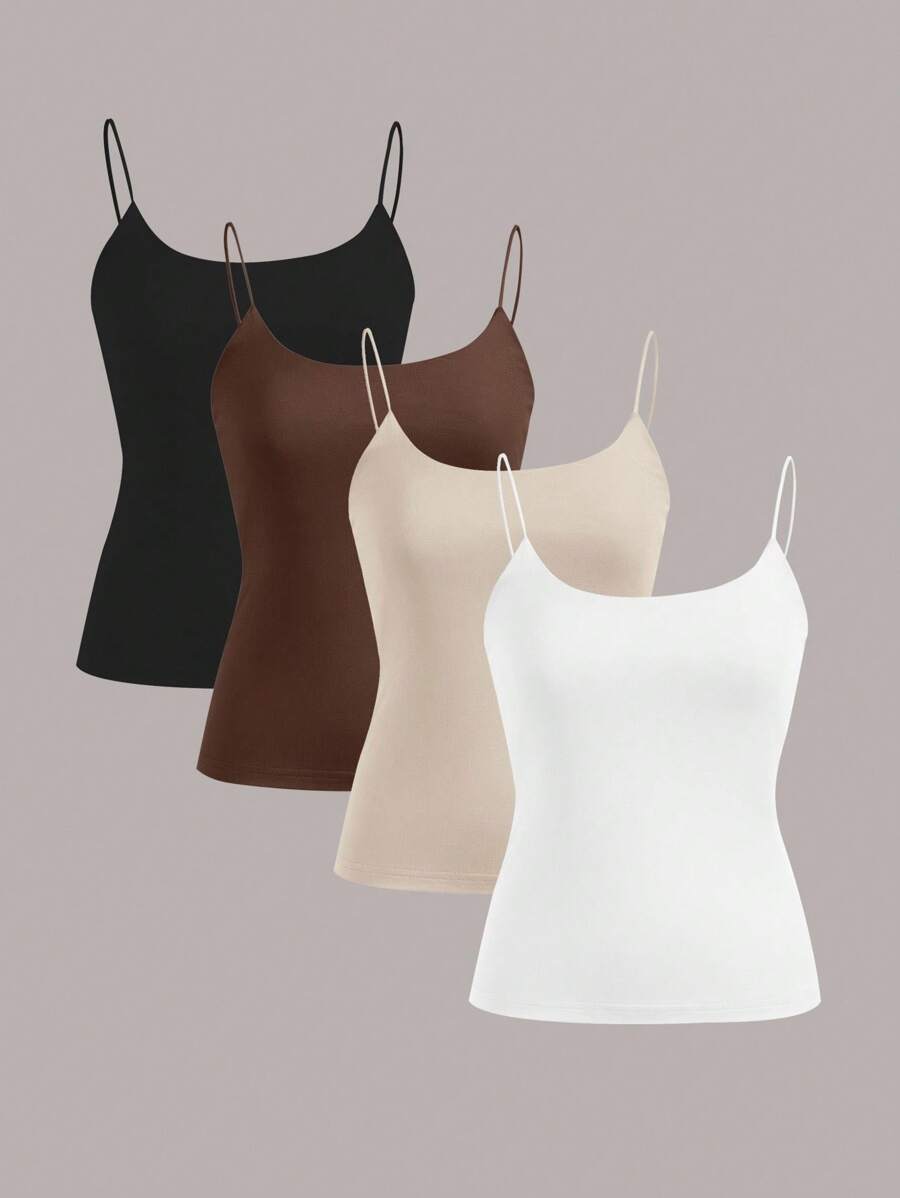 SHEIN EZwear 4 Set 4 Pairs Assorted Black, Brown, Beige, White Basic Camisole Tops, Suitable For Summer Back To School - Multicolor - View 1