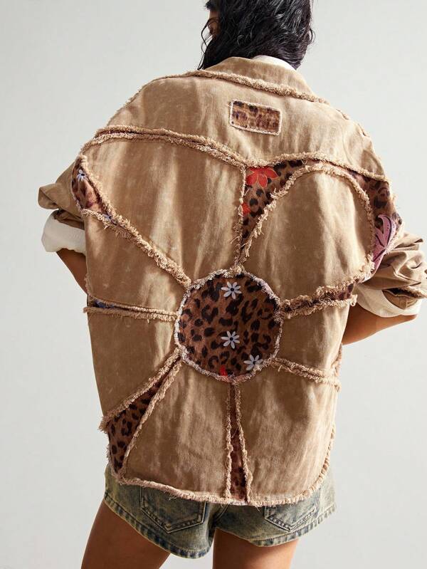 Bohemela Casual Woven Leopard Print Patchwork Retro Women Jacket Patchwork Top Western Tops Earthy Clothes