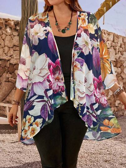 EMERY ROSE Abrigo holgado con estampado floral en todo el diseño, estilo bohemio, para vacaciones, otoño, conciertos country, otoño, invierno