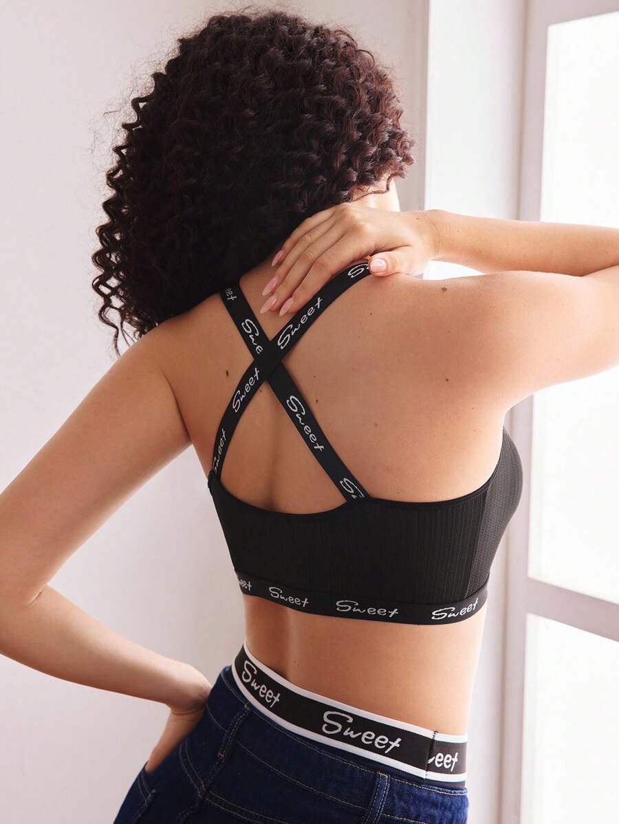 1pc Women's Wide Strap Letter Print Simple Casual Bra - Black - View 1