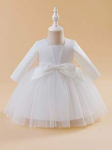 Glamorique Kids Rochie de fetiță cu flori, cu mânecă lungă și decor din satin plasă, cu fundă, din satin, pentru bebeluși, fustă bufantă, tutu, pentru nuntă, ziua de naștere, petrecere, rochie elegantă de înaltă calitate - Bej - Vizualizare 1