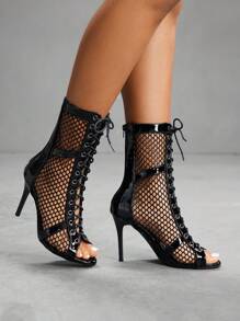 CUCCOO SZL CUCCO 女士镂空设计金属扣眼系带露趾中筒靴 - 黑色 - 查看 4
