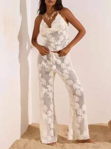 Opulessa Parte superior de cubrimiento sin espalda con estampado jacquard de unicolor para playa, vacaciones, lunares, Ibiza, brillante, traje de baño de una pieza para mujer, traje de baño de cintura alta, playa para mujer, vacaciones, verano, playa para mujer, concierto mujer BOHO, vacaciones tropicales para mujer, romántico, parte superior blanca de playa, parte superior blanca con lentejuelas, parte superior blanca