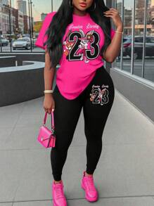 Maweii 2件套大码女式卡通动物数字印花短袖T恤和裤子休闲套装 - 彩色 - 查看 1