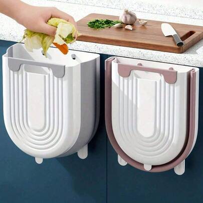 Wall Mounted Foldable Trash Can Kitchen Cabinet Hanging Garbage Bin Hands Free Lid Removable Liner Under Sink Waste Container Compact Space Saving Organizer For Bathroom Office Bedroom Diaper Pail Alternative Easy Install Stainless Steel Hooks