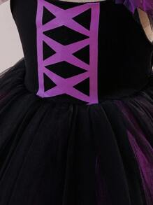 Glamorique Kids Girls' Princess Dress, Halloween Black And Purple Contrast Mesh Floral Dress, Small Flying Sleeves, Halloween Costume, Halloween Dress-Up Costume, Autumn Dress, Birthday Party Dress, Seasonal Mesh Dress, Knitted Camisole Dress, COS Costume Fall Winter