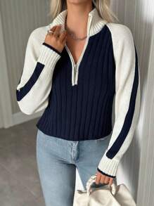 EURMUSE 现代对比色插肩袖半拉链罗纹针织套头衫运动设计
