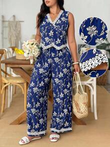 Weeklong Plus Size V-Neck Sleeveless Scalloped Trim Front Opening Jumpsuit And Straight Leg Scalloped Trim Casual Vacation 2 Pieces Set