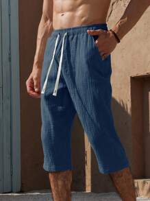 VENTUSAIL Quần Capri cotton trơn màu có dây rút cho nam, quần Capri ngắn có dây rút cho nam, quần short dài cho nam, quần đi biển cho nam, quần mùa hè cho nam, quần short thường ngày cho nam - Màu xanh hải quân - Xem 3