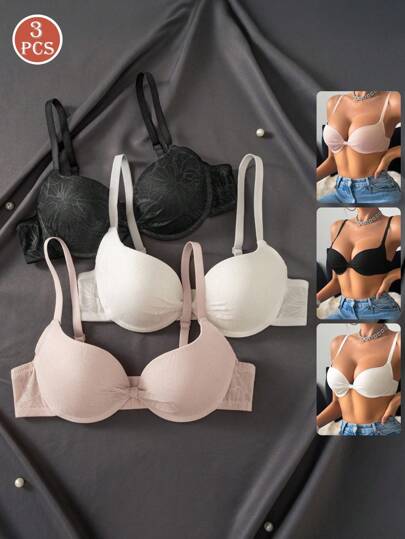 SHEIN 女士 3 件装优雅聚拢文胸套装 - 多色聚酰胺钢圈文胸，带纹理罩杯细节，增强提拉效果，提升胸型，展现时尚感。