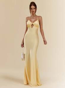 SHEIN BAE Spring And Summer Sexy Simple Solid Color Yellow Satin Halter Strap Backless Ladies Maxi Dress, Party Gathering Cocktail Look, Formal Occasion Party Dress, Wedding Bridesmaid Dresses Women, Birthday Mini Dress Dress,Fall Wedding Guest Dress