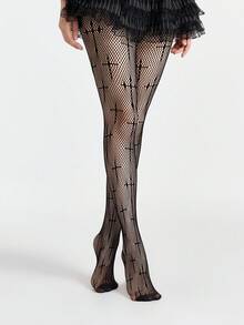 ROMWE Grunge Punk 1pc Gothic Cross Pattern Fishnet Leg Warmers + 1 Pair Solid Color Lace Ruffle Leg Warmers, Y2K Baddie Style Set, Suitable For Daily Street Wear - Black - View 5