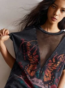 Bohemela 大码女式字母与蝴蝶印花拼接渔网设计蝙蝠袖短袖休闲 T 恤 - 黑色 - 查看 1